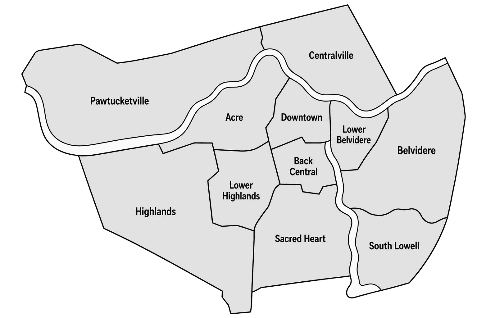 Grayscale boundary map of Lowell, MA showing 11 neighborhoods. Pawtucketville occupies the west; Highlands the southwest. Acre sits between Pawtucketville and Downtown at center. Centralville is in the north. Downtown anchors the middle, flanked by Lower Belvidere to its east and Belvidere along the eastern edge. Lower Highlands and Back Central sit just south of Downtown, with Sacred Heart below them. South Lowell occupies the southeast corner.